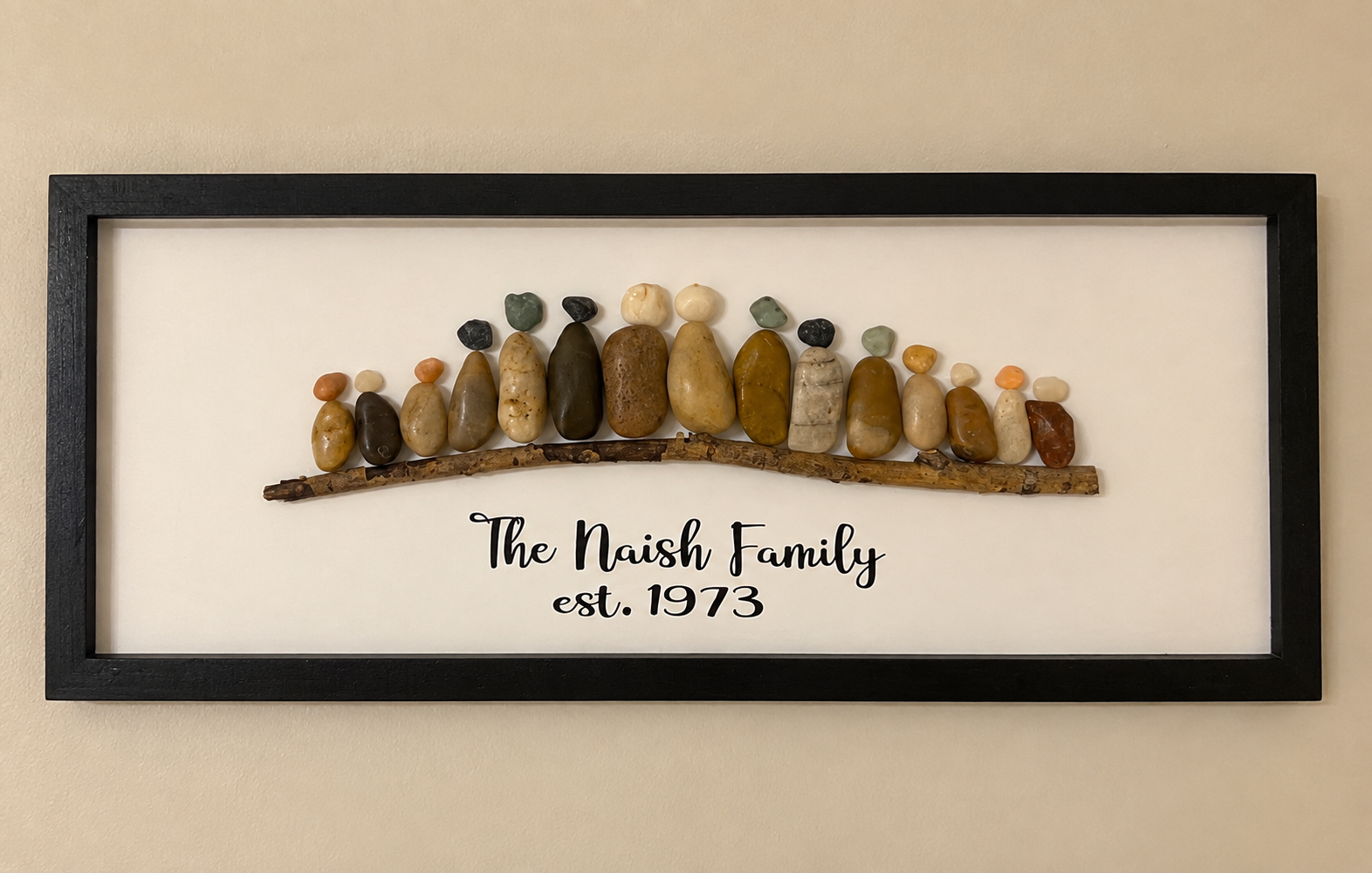 My first pebble art design: The Naish Family, established 1973, made for my parents’ 50th wedding anniversary